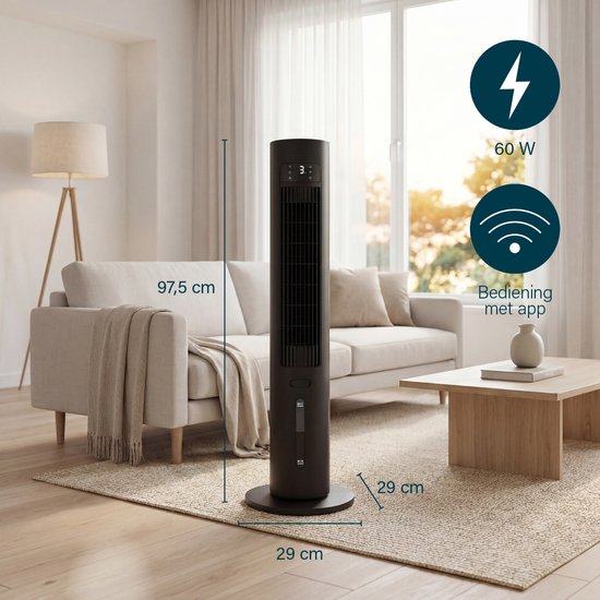 Princess Smart Luftkühler – App & Fernbedienung – Luftkühler – 3 l Wassertank – 3 Schwenkstufen – 60 W – 358670 – Schwarz