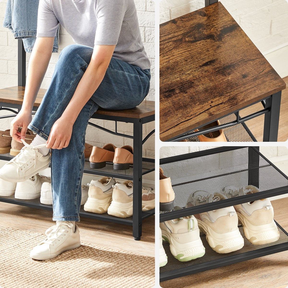 O'DADDYÂ¬Ã† Garderobenständer hochkant - Garderobe mit Schuhablage - 15 Haken 2 Lagen Schuhablage 6 Paar - Garderobe - 80 x 32 x 178,5 cm - braun