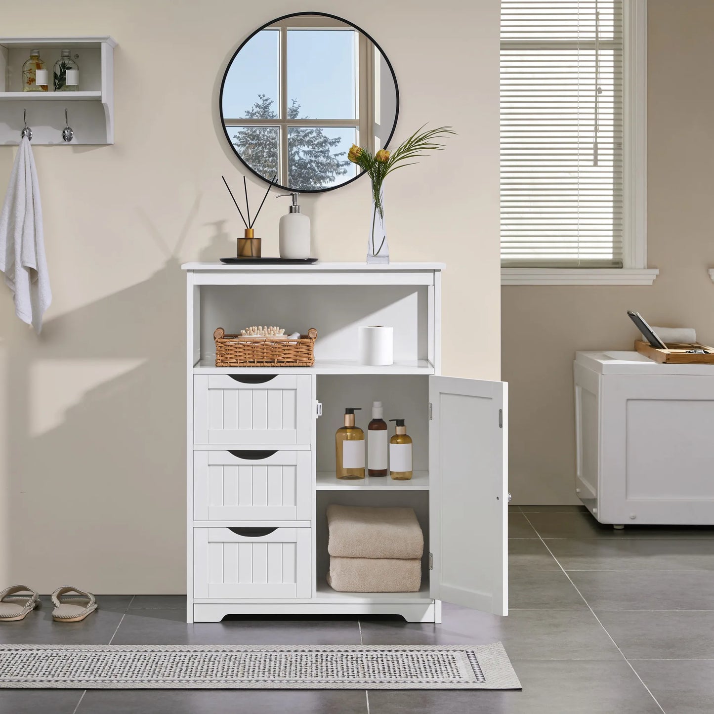 Yaheetech Badezimmerschrank mit 3 Schubladen - mit verstellbarem Regal und offenem Stauraum und Metallbeschlägen - für Badezimmer, Wohnzimmer und Schlafzimmer - weißes Mdf und Metall - 66 x 35 x 90 cm