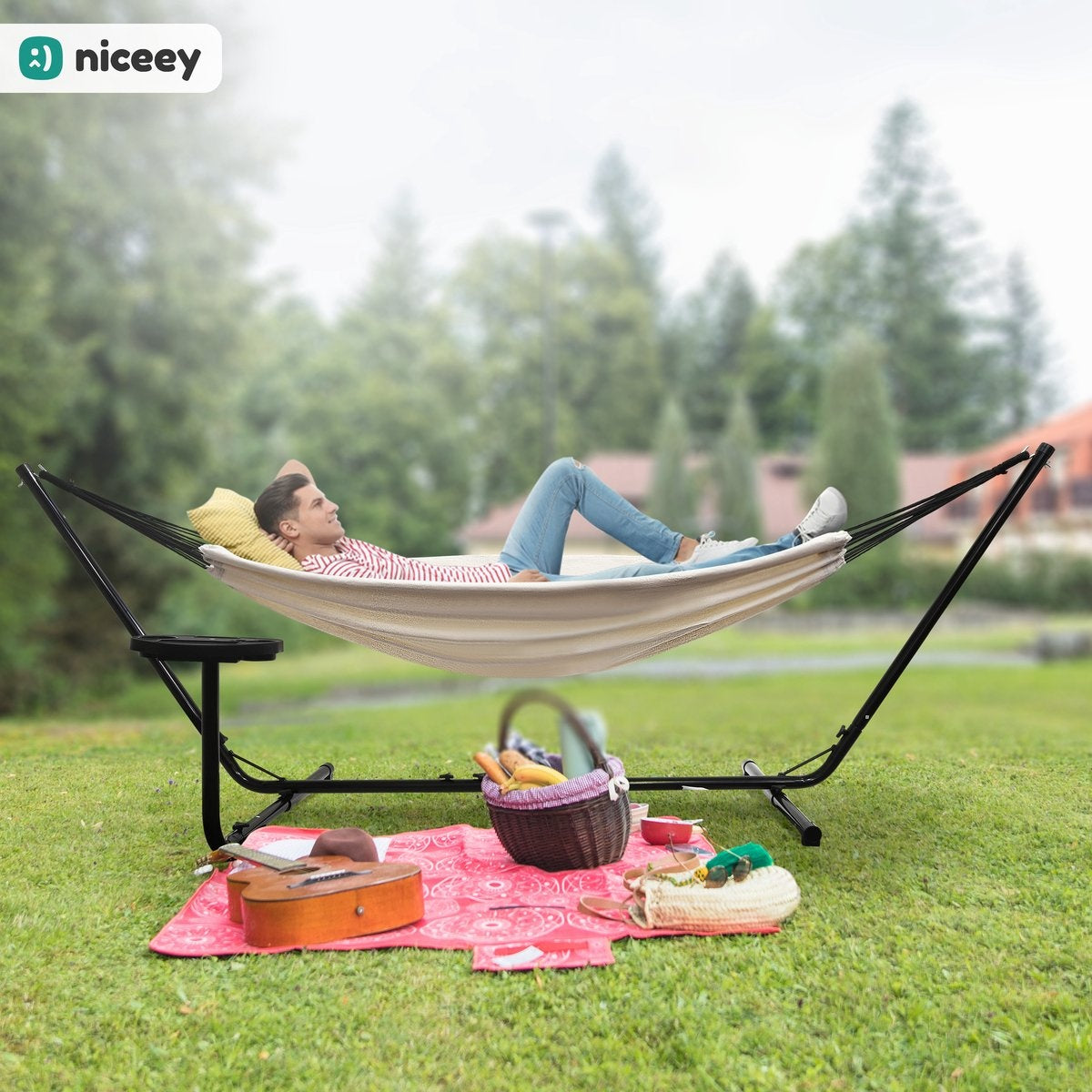 Niceey Hangmat met Standaard â€šÃ„Ã¬ 2 Persoons â€šÃ„Ã¬ Incl. Bekerhouder â€šÃ„Ã¬ 250kg - Beige