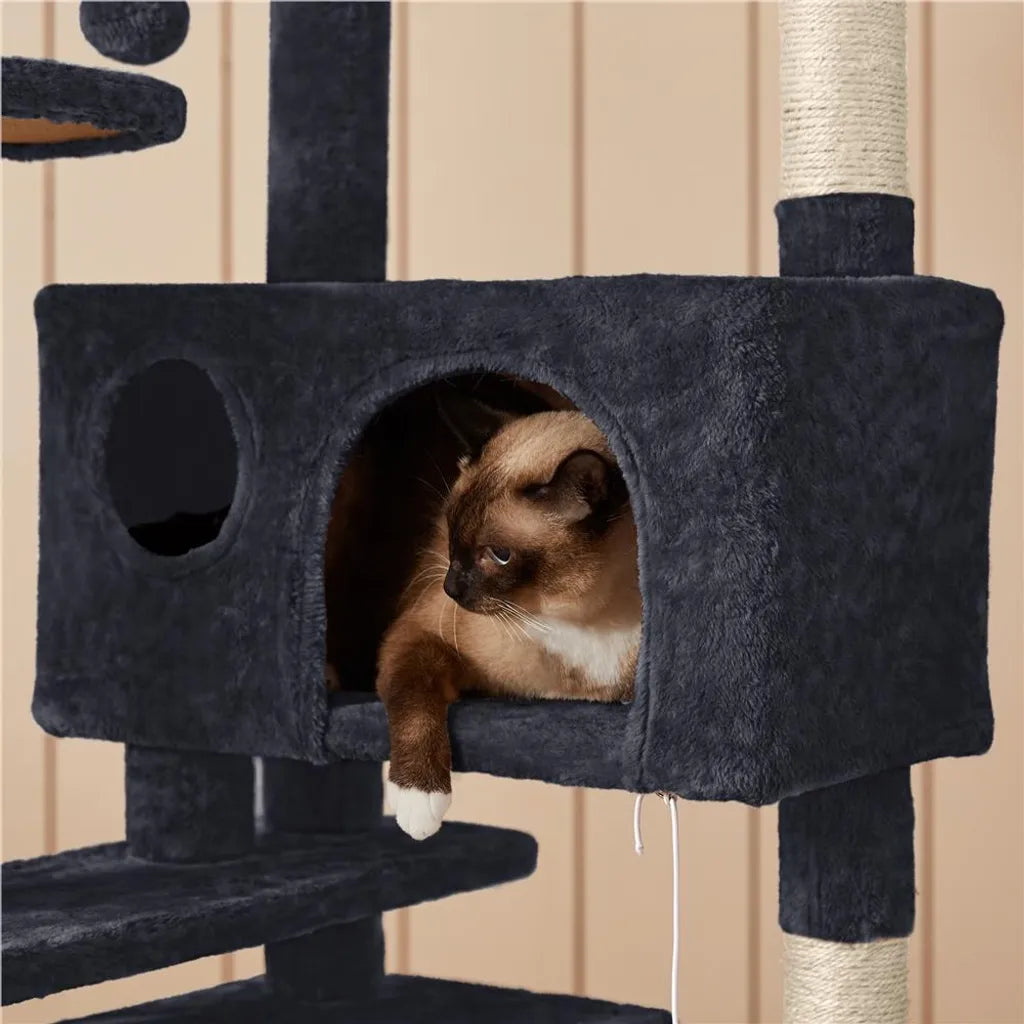 Yaheetech Katzenkratzbaum 139 cm hoch - 3 Aussichtsplattformen - 2 kuschelige Katzengehege - Schwarz