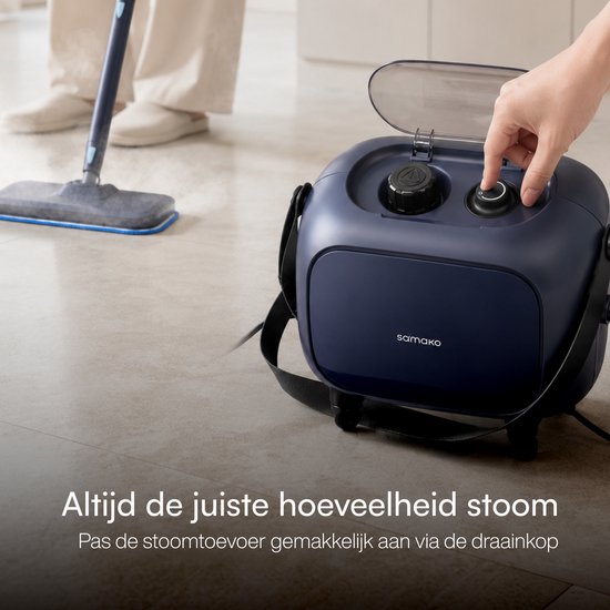 Samako Halo Dampfreiniger 1500 W – Bodenreiniger mit einstellbarer Dampfleistung – 15 Zubehörteile – 40 Min. Dampfreinigung – Fugenreiniger für Bad und Küche – Blau