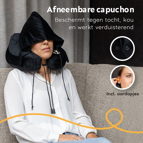 TRAVARA Aufblasbares Nackenkissen – The Airsnoozer – Reisekissen – Für Flugzeug und Auto – Mit Ohrstöpseln – Nackenkissen – Schwarz