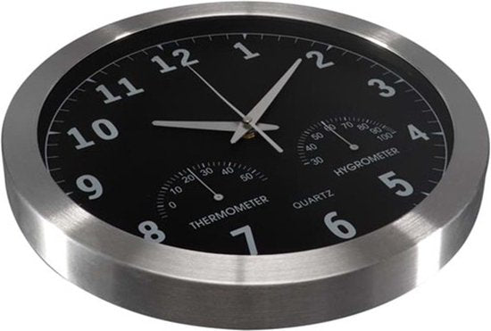 Perel Aluminium Wanduhr mit Thermometer & Hygrometer - Ã˜ 35.5 Cm