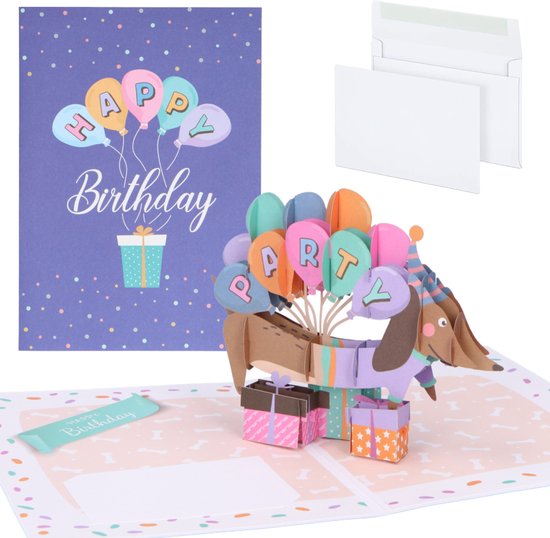 Partizzle 1 Stück Pop-up-3D-Dackel-Geburtstagskarte mit Umschlag – „Happy Birthday“-Karten – Pop-up-Karten – Erwachsene & Kinder – 15 x 21 cm
