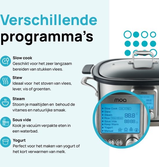 MOA Multicooker - Slowcooker - 8 Kochfunktionen - 6 Liter - 1250W - Reiskocher - Dampfgarer - Sous Vide Kocher - Joghurtbereiter - Edelstahl - MC01S