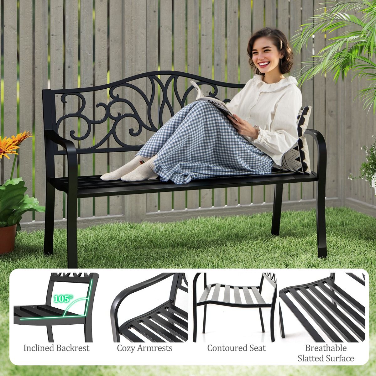 coast Gartenbank Schwarz - Gusseisenrücken mit Blumenmuster - 127 x 61 x 89 cm - 2-3 Personen Terrassenbank mit Armlehnen