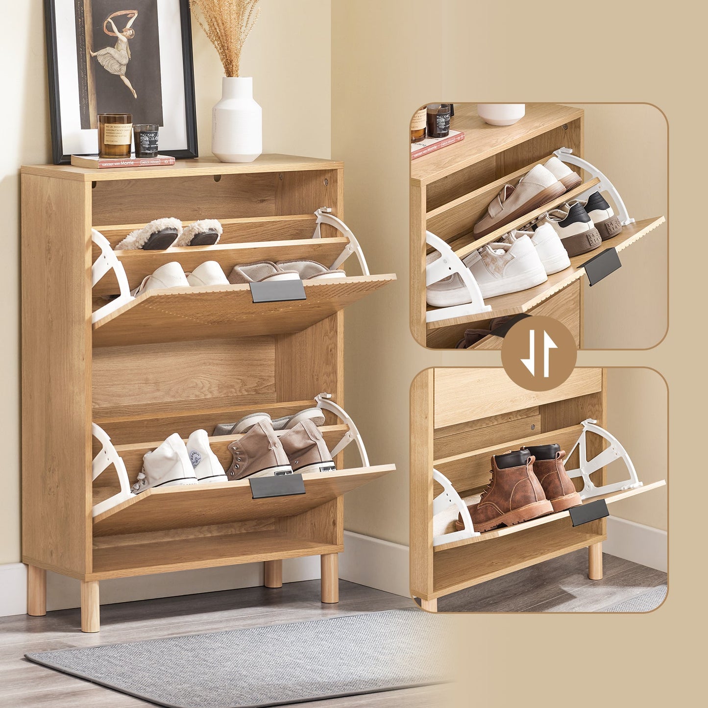 SoBuy FSR200-N Schuhschrank 60x24x88 cm - Helles Holz - Kompaktes Design mit 2 Klappen, Kippsicherung und Platz für 8 Paar Schuhe