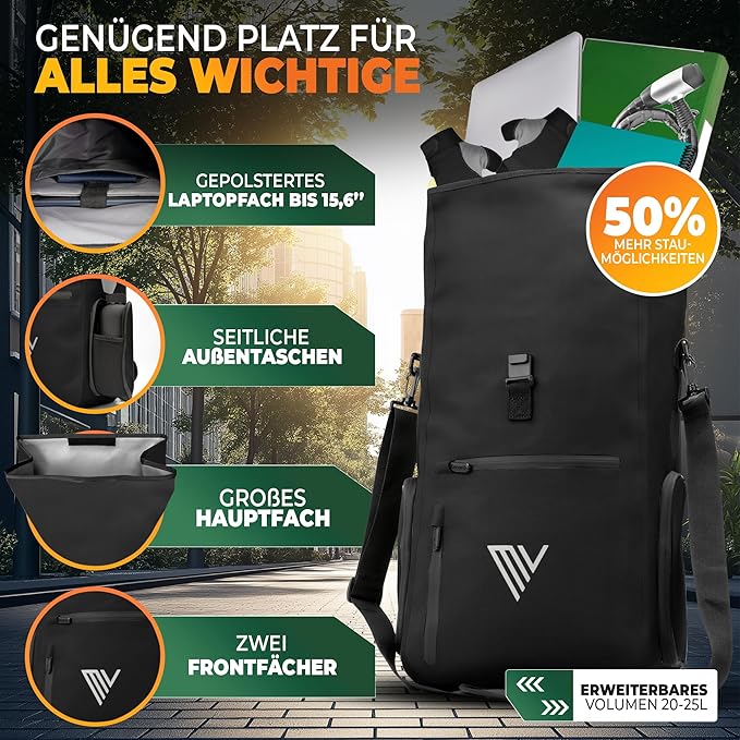 MIVELO 3-in-1-Rucksack & Umhängetasche - Wasserdicht - 25 Liter - Schwarz
