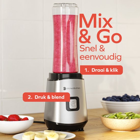KitchenBrothers Mini Blender - Mixer zum Mitnehmen - Smoothie Maker - 2 To-Go Becher 600 ml - Edelstahl