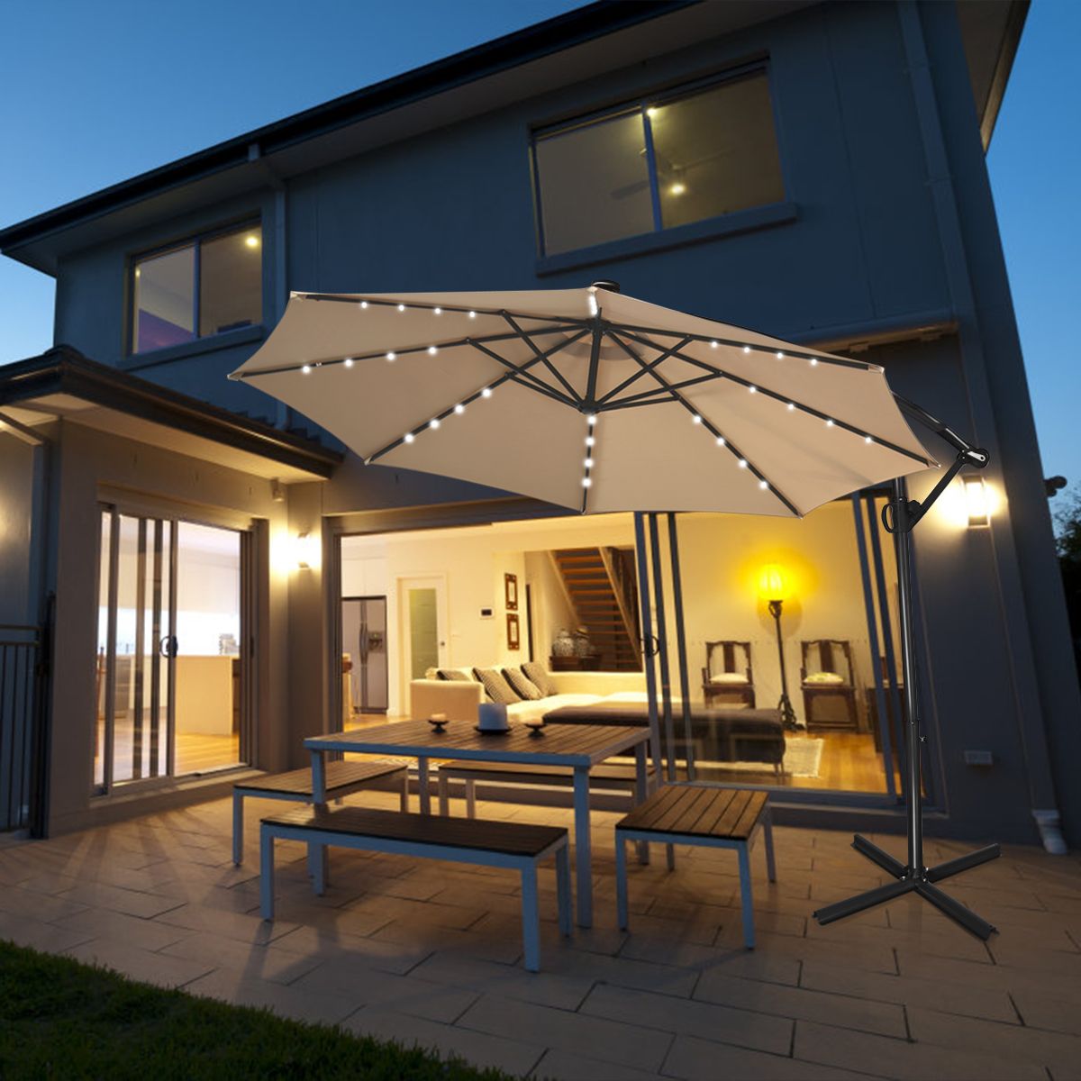 Coast freihängender Sonnenschirm mit Solarbetrieb – Fernbedienung – LED-Beleuchtung – beige – 300 cm