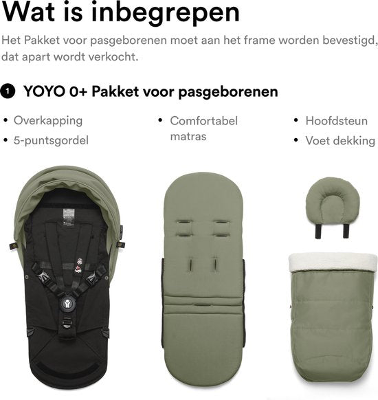 Stokke YOYO 0+ Newborn Pack, Olive – Inklusive Matratze, ausziehbarem Sonnendach und Fünf-Punkt-Gurt – Erfordert einen YOYO-Rahmen (separat erhältlich)