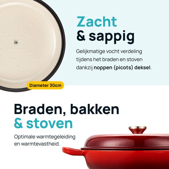 MOA Gusseisenpfanne - Induktionspfanne - Gusseisenpfanne - 3,5 l Fassungsvermögen - Ø 30 cm - Alle Wärmequellen - Gewicht 5,6 kg - Emaille - Kirschrot