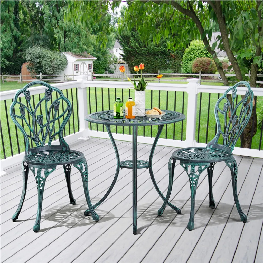 Yaheetech 3-teiliges Bistro-Gartenset – Grün – Aluminium-Gartenset mit 2 Stühlen und einem Tisch mit Sonnenschirmloch