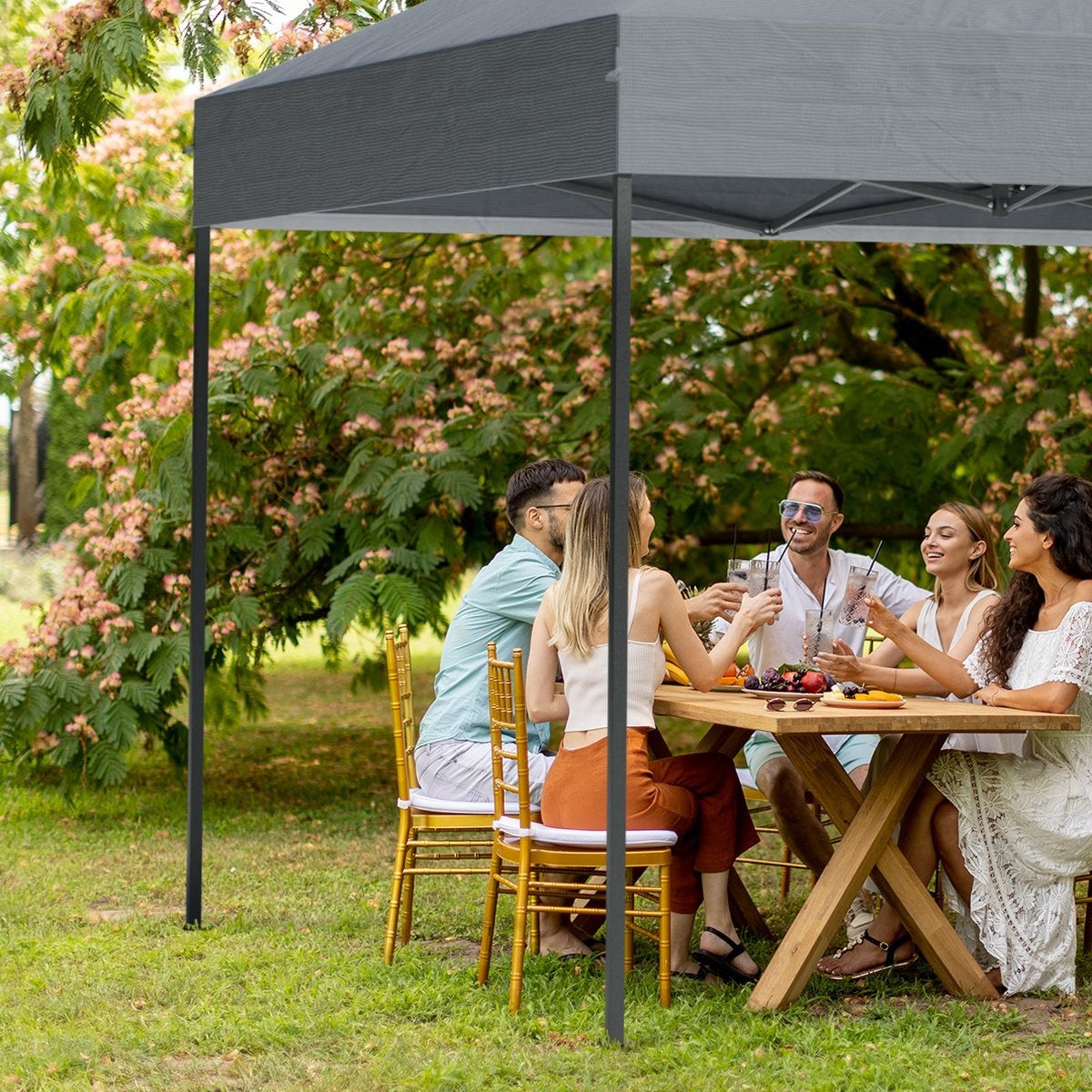 LifeGoods Partyzelt - Pavillon - 3x6 m - Seitenwände - leicht aufbaubar - faltbar - wasserdicht - Tragetasche mit Rädern - dunkelgrau