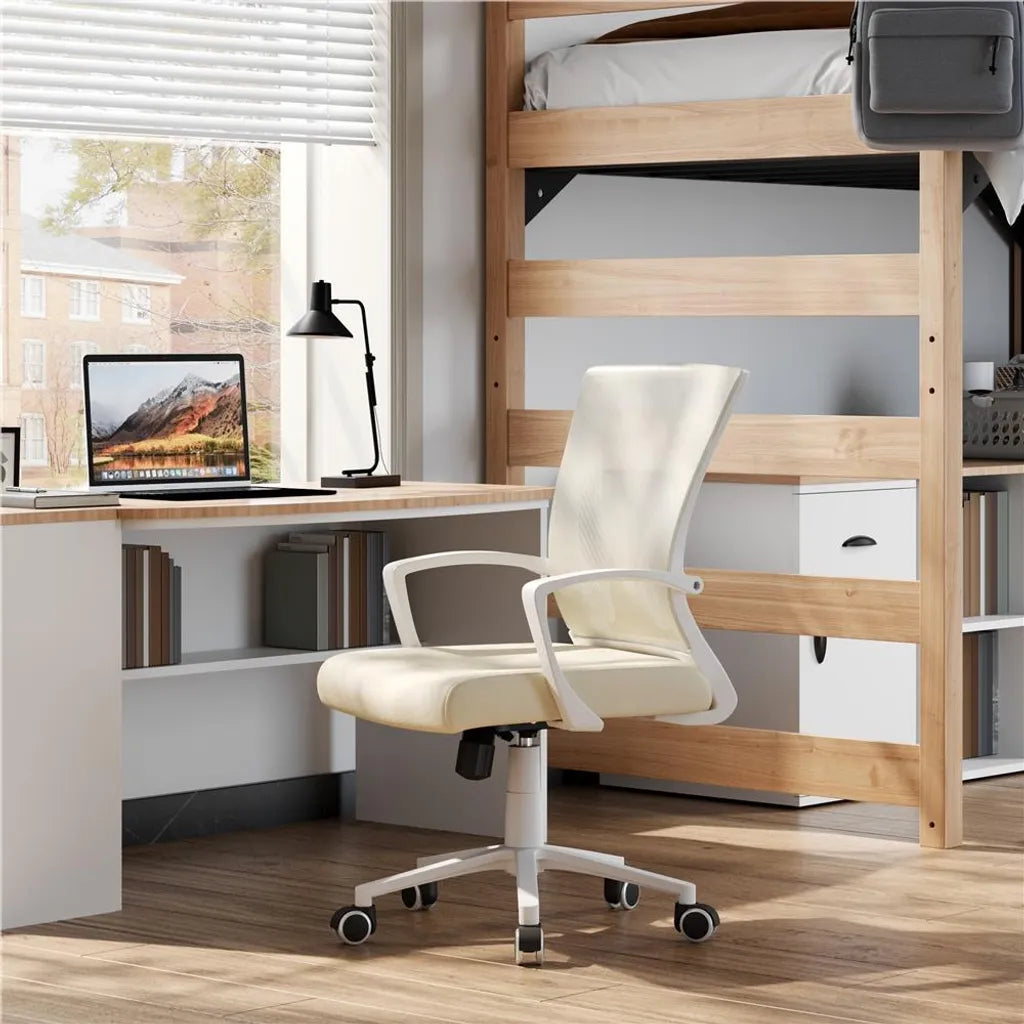 Yaheetech Ergonomischer Bürostuhl 60 x 60 x 91–100,5 cm – Beige – Verstellbarer Drehstuhl mit Netzrückenlehne