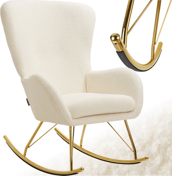 tectake® Swing Schaukelstuhl - gepolsterter Bouclé-Sessel mit Stahlgleitern und extra dickem Sitzkissen - skandinavisches Design, pflegeleicht und ergonomisch - creme/gold