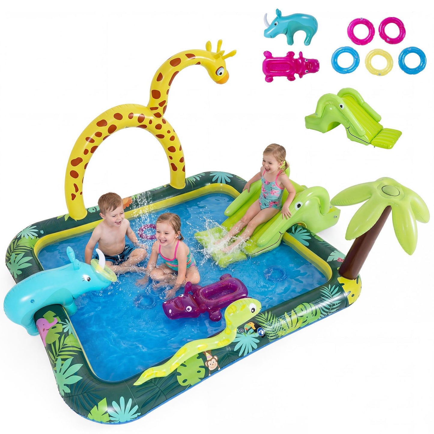 Coast „Tiere im Dschungel“ – Aufblasbares Schwimmbecken mit Rutsche und Sprinkler – Ringwurfspiel – Wasserspielzentrum für Kinder – 208 x 178 x 138 cm – Mehrfarbig
