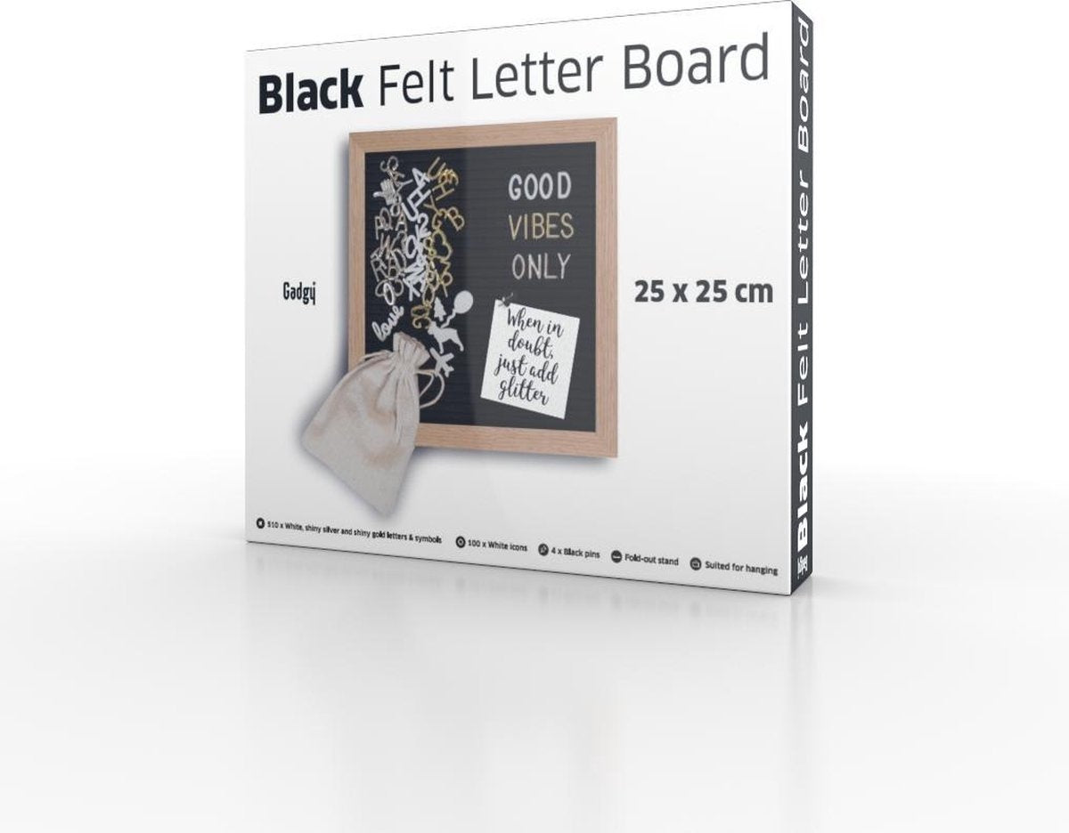 Gadgy Letter Board Schwarzer Filz - Holzrahmen - 25x25cm - mit Ständer, Haken und 3 Farbbuchstaben etc - Nettes Geschenk