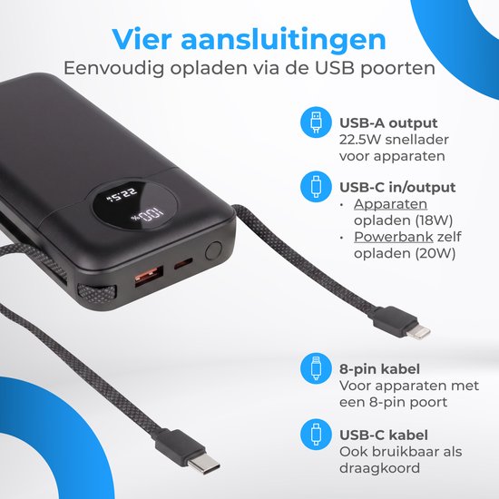 Nuvance Powerbank 20000 mAh – 22,5 W Schnellladegerät mit USB-C und 8-Pin-Anschluss – Notfallpaket – 2 Anschlüsse – 2 integrierte Kabel – Powerbank