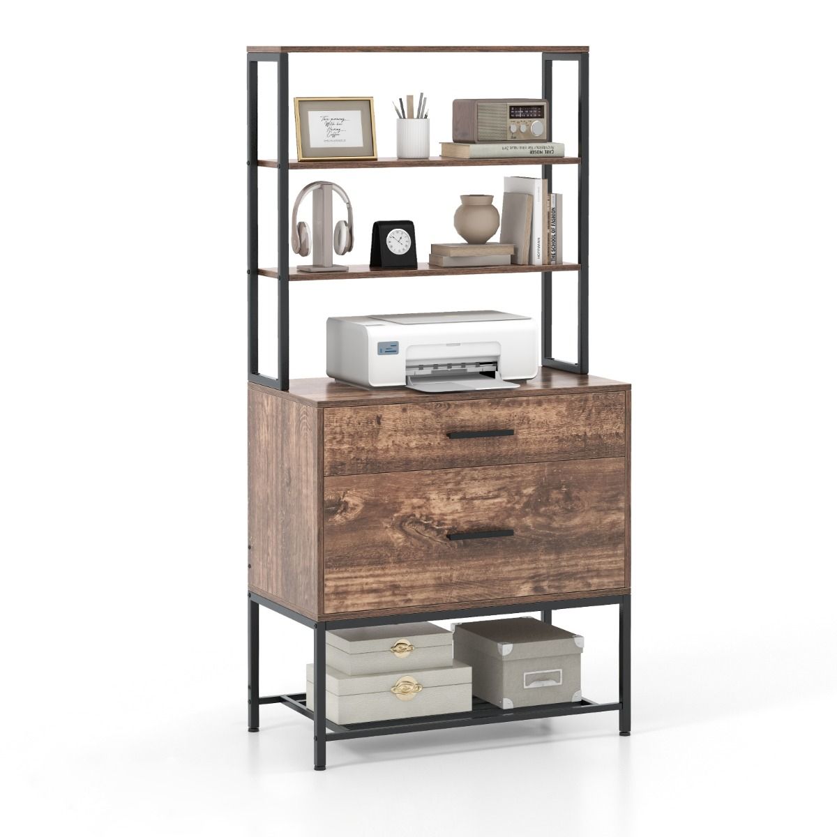 Coast Aktenschrank mit Druckerhalterung – 3 offene Fächer – große Schublade – grau