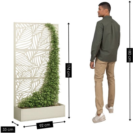 Mica Decorations Sapri Pflanzenstütze – Pflanzkübel mit Klettergitter für Kletterpflanzen – Pflanzenständer, freistehend oder an der Wand – 92 x 33 x 174 cm – Off White