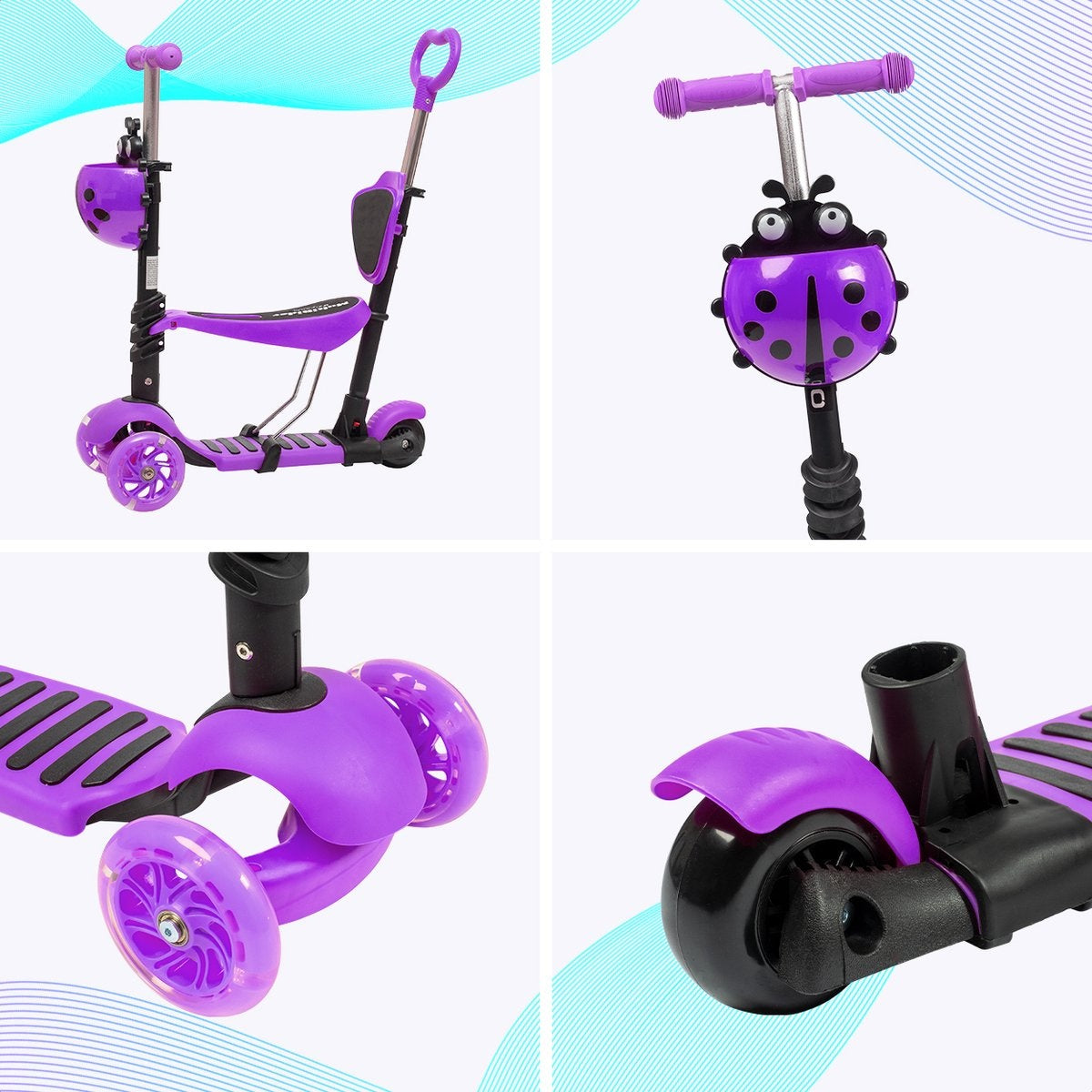 LifeGoods MultiRider - Kinderroller mit Schiebestange - 3 -8 Jahre - Jungen/Mädchen - 3 leuchtende Räder - Lila