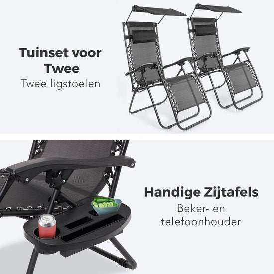 LifeGoods Faltbare Gartenstühle - mit Sonnendach - Verstellbarer Sonnenschirm - 2 Stück - 30Â°-90Â° verstellbar - Metall - Schwarz
