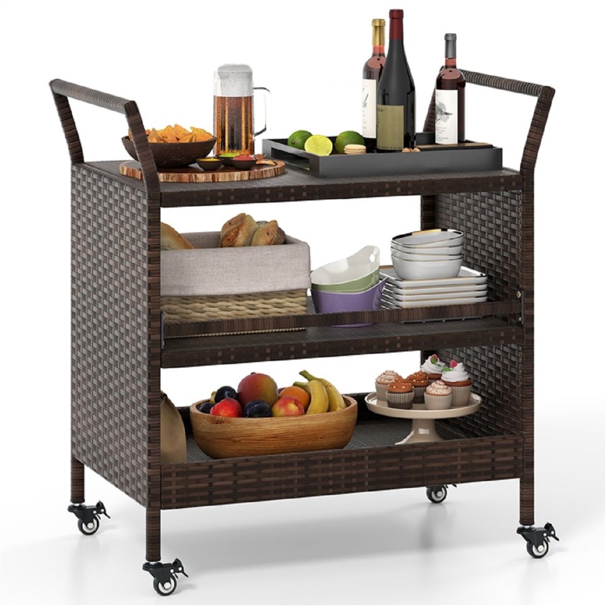 Coast Gartenbarwagen – 3 Ablagen – Rattan mit feststellbaren Rädern – Braun – 86 x 50 x 89 cm