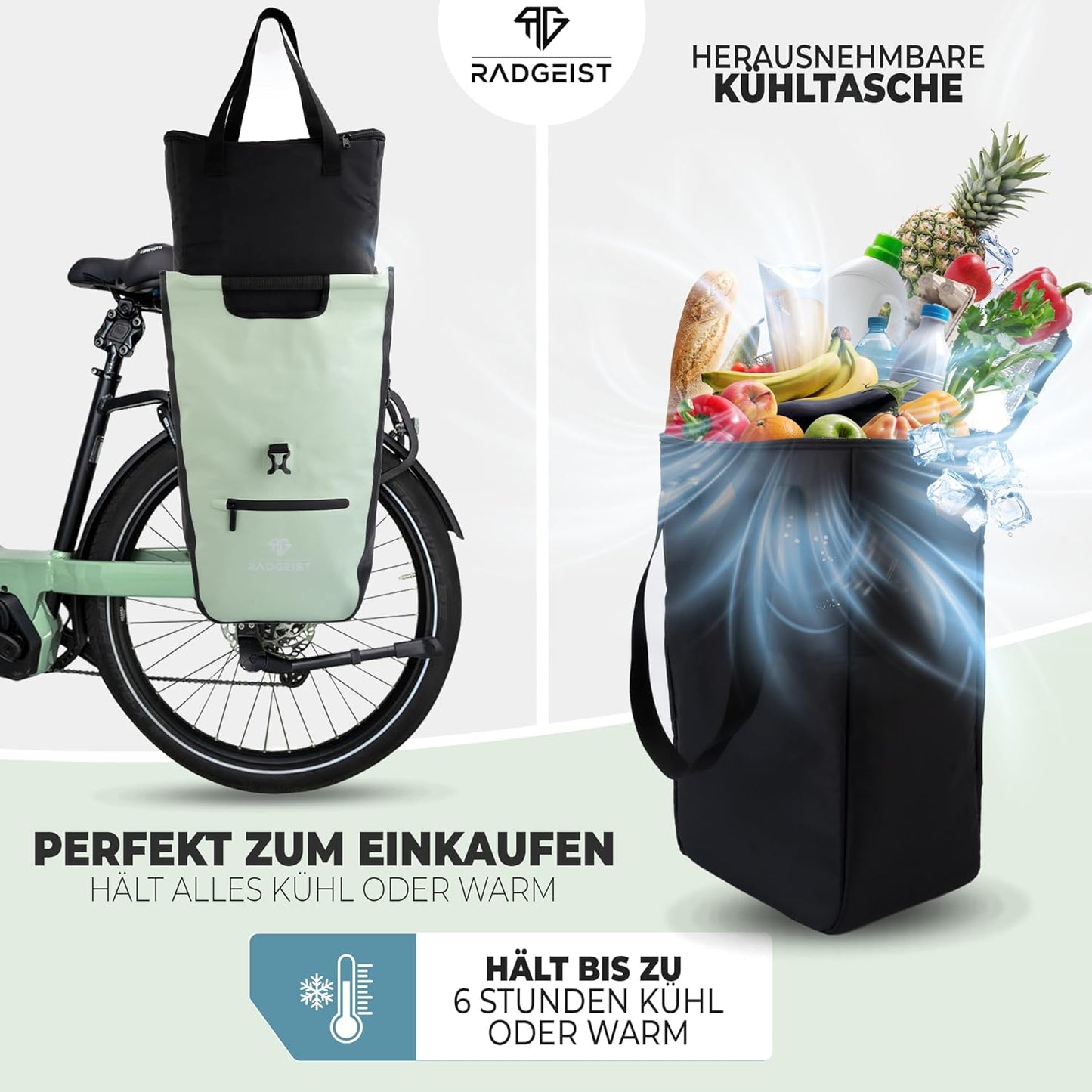 RADGEIST Fahrradtasche für Gepäckträger I Fahrradtasche Shopper mit herausnehmbarer Kühltasche I Einkaufstasche & Einkaufstasche 22-28 Liter - grün