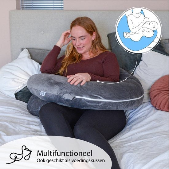 EL Life Schwangerschaftskissen - XXL U-Form - Stillkissen - Seidenkissen - Abnehmbarer Minky-Vliesbezug - 140x80cm - Grau