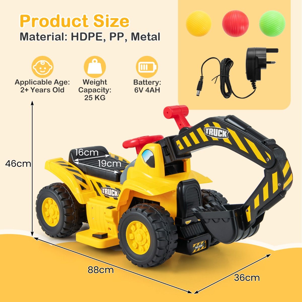 Coast Elektrischer Bagger für Kinder – Mit steuerbarer Schaufel – Soundeffekte – Gelb und Schwarz