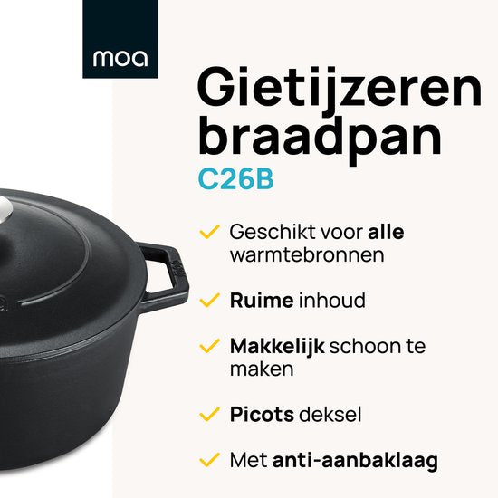 MOA Gusseisen-Kasserolle - 5,7L - Für alle Wärmequellen inkl. Induktion - Mit Deckel - Ø 26cm - Antihaftbeschichtung - Schwarz