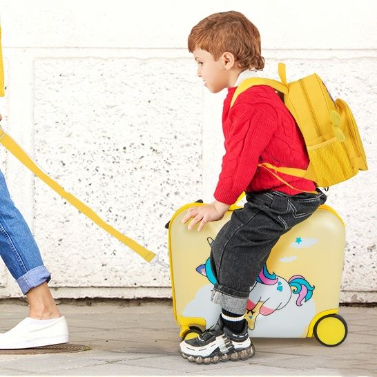Coast Kinderkoffer- und Rucksack-Set – Ride-on-Koffer mit Rädern – Rucksack mit niedlichem Bienenmotiv – Gelb