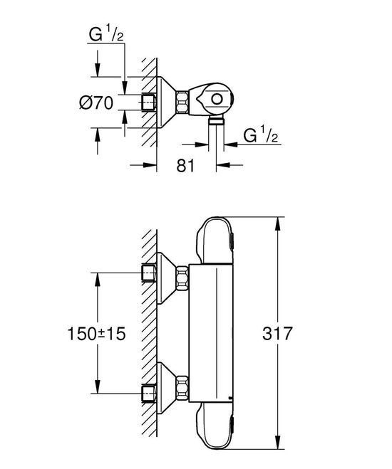 GROHE Grohtherm 1000 New Thermostat-Brausebatterie - 15cm - mit Kupplungen - EcoJoyÂ® - CoolTouch - Chrom - 34143003