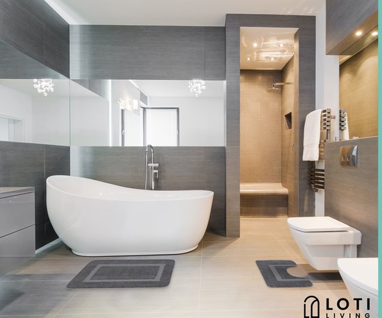 Loti Living Badematten-Set mit Toilettenvorleger rutschfest - Duschvorleger - Badezimmervorleger - Bodenvorleger - Badematten-Set Toilettenvorleger - Badematten-Set rutschfest - Grau - 50x80 cm + 50x40 cm