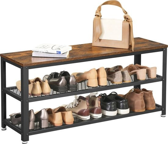 Goliving Schuhablage - Schuhbank - Flurbank - Industrial - 30 x 80 x 45 cm - Metall - Braunes Holz