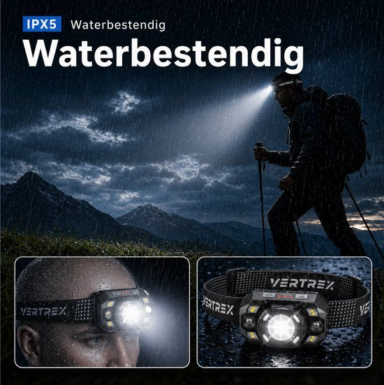 Vertrex LED-Stirnlampe, wiederaufladbar – einstellbarer Lichtstrahl – USB-C – IPX5 – Schwarz