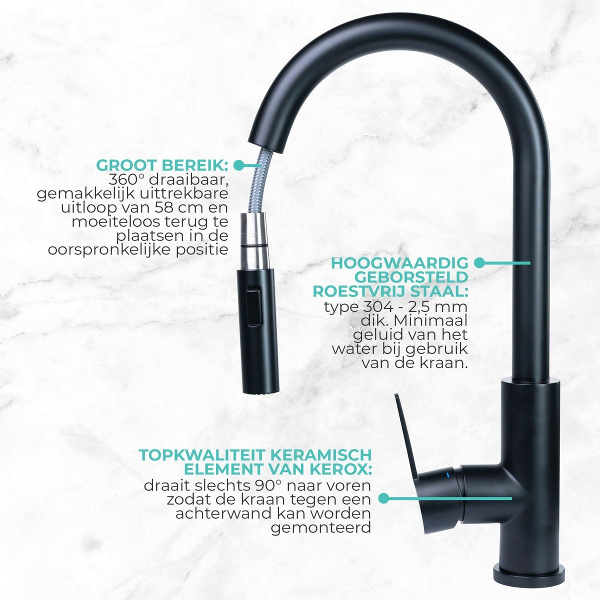 Mizzo Trigo Küchenarmatur mit herausziehbarer Handbrause - Hohe Mischbatterie 44 cm - Matt - Schwarz