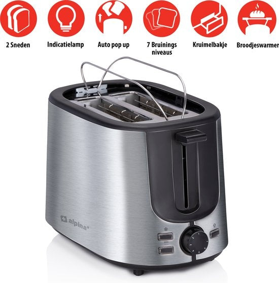 alpina Toaster - 7 Bräunungsstufen - Auftaufunktion - Rutschfeste Füße - Zwei Brotschlitze und Toastereinsatz - Farbe Silber