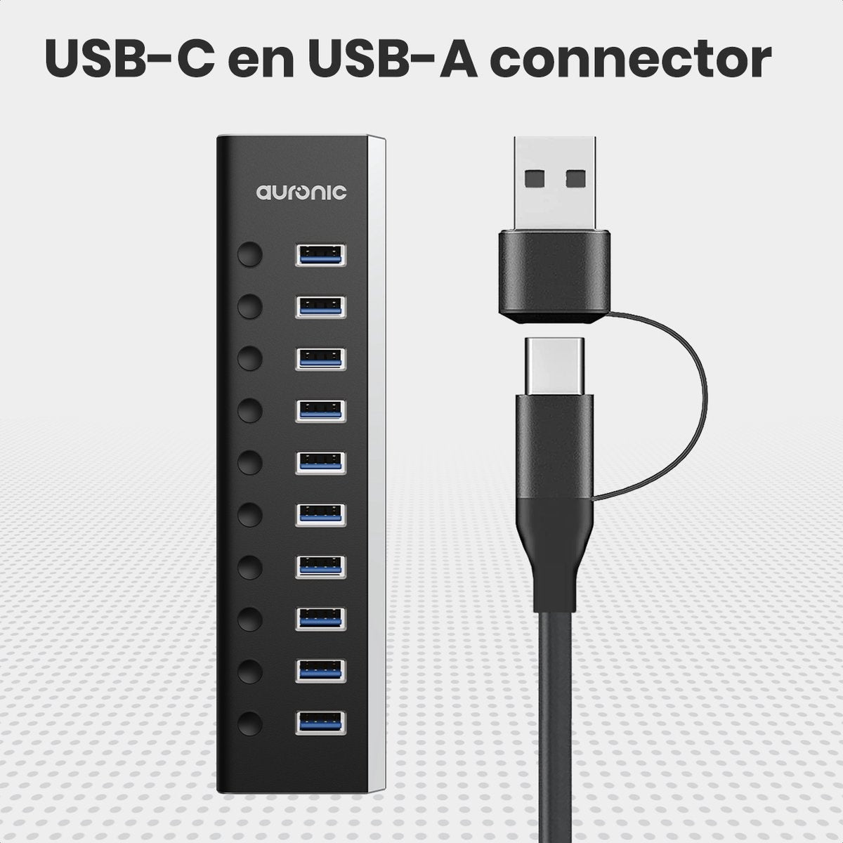 Auronic USB Hub 3.0 - USB Splitter mit 10 Ports - mit Netzteil - 5 GBPs - Led-Anzeige - Schwarz