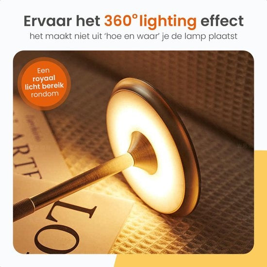 Goliving Tischlampe Wiederaufladbar - Kabellos und dimmbar - Moderne Touch-Lampe - Nachtlampe für das Schlafzimmer - Spritzwassergeschützt - 27 cm - Gold