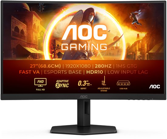 AOC C27G4ZXU – Full-HD-Curved-Monitor – Lautsprecher – USB-Hub – Ergonomisch – 280 Hz – 0,3 ms – 27 Zoll