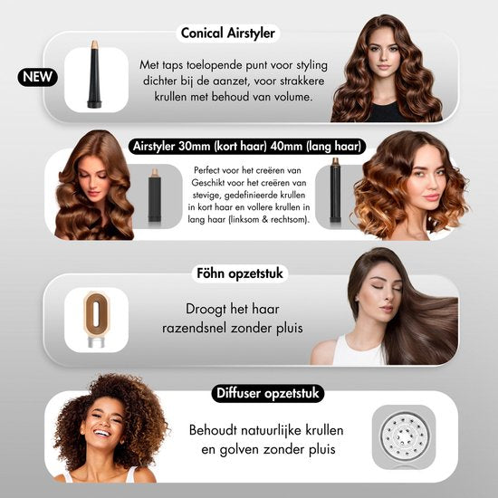 Sansbeauté® 9-in-1 Airstyler mit Diffusor - Multistyler - Haartrocknerbürste kurzes Haar - Lockenstab - Haarstyler - Haartrockner - Wärmebürste - Lockenbürste - Lockenstab - Haarglätter - Stylingbürste - 5 in 1 Hairstyler