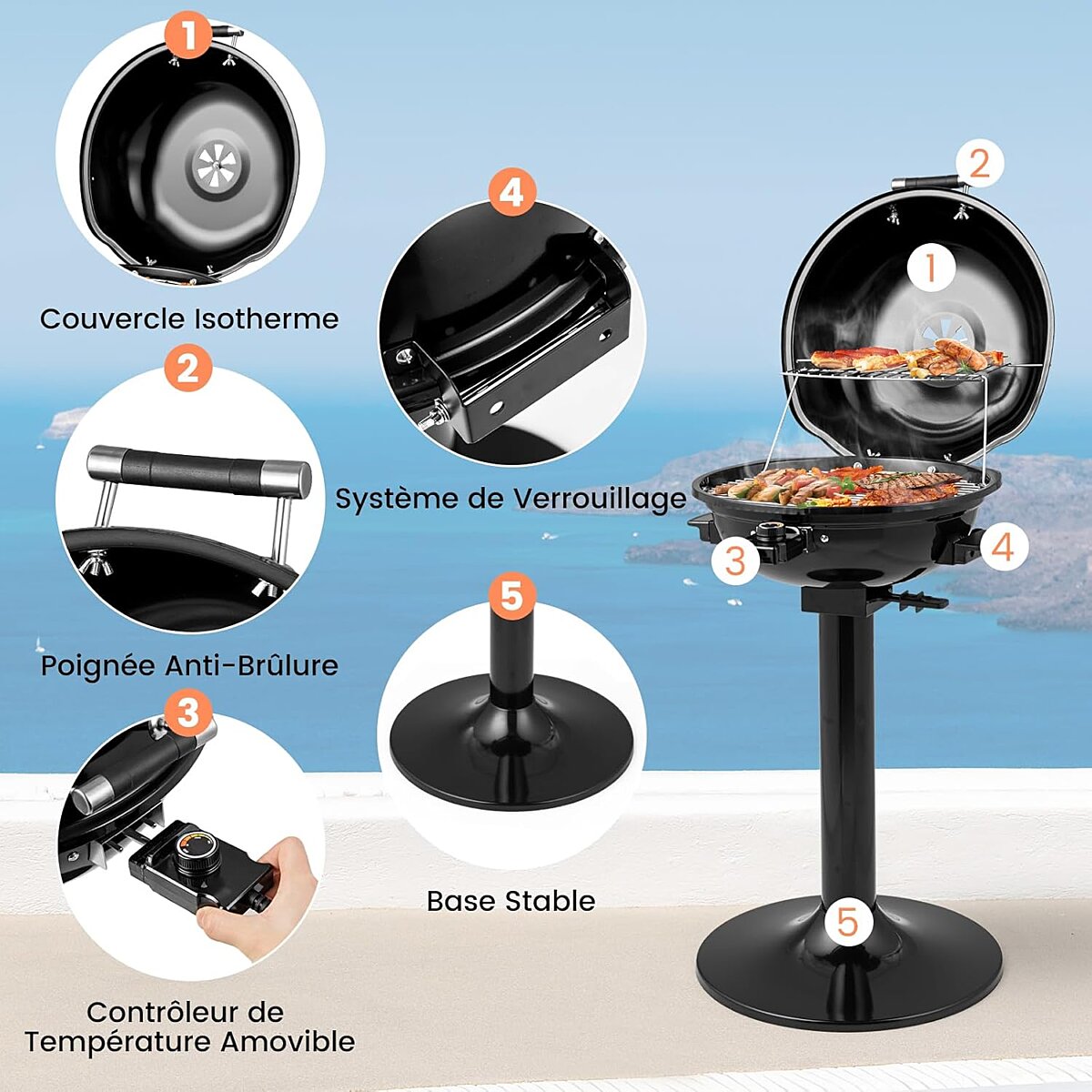 GrillMaster Elektrogrill 1600 W – 44 cm Grillrost – Schwarz/Rot – 52 x 44 x 82 cm