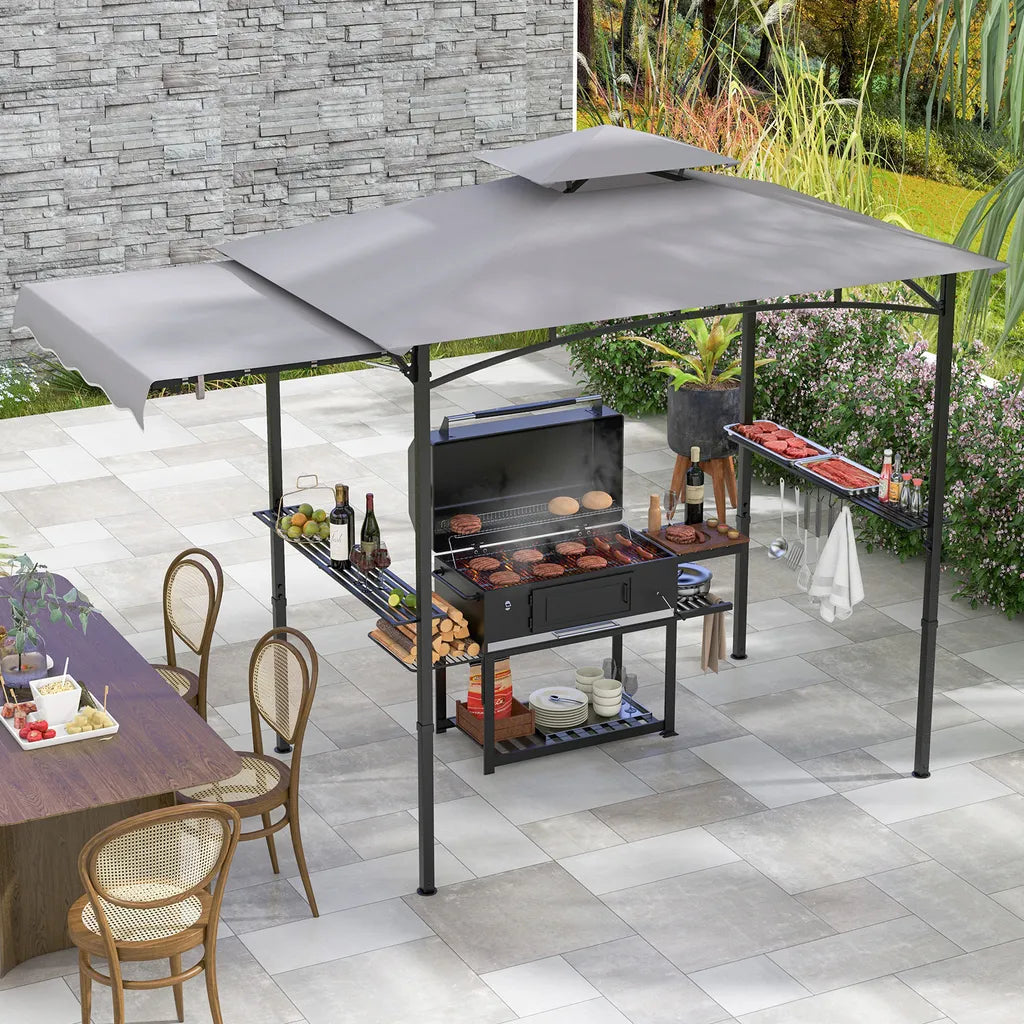 Coast wetterfester Grillpavillon 318 × 153 × 250 cm – Grillüberdachung mit Seitenmarkise, Doppeldach, Seitentischen, Haken und Flaschenöffner – Grau/Schwarz