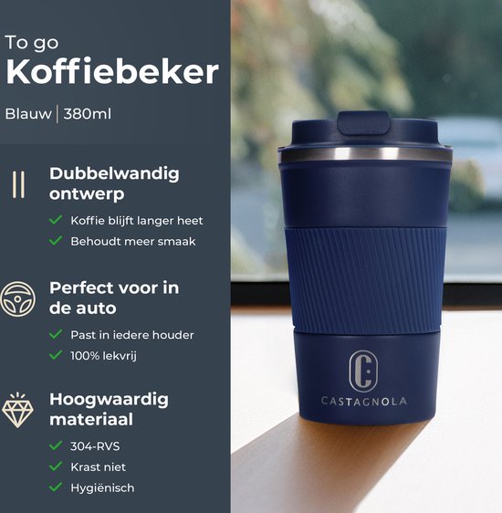 Castagnola Thermos Cup - Kaffeebecher To Go - Reisebecher für Kaffee und Tee - Teebecher - 380 ML - Edelstahl - Blau