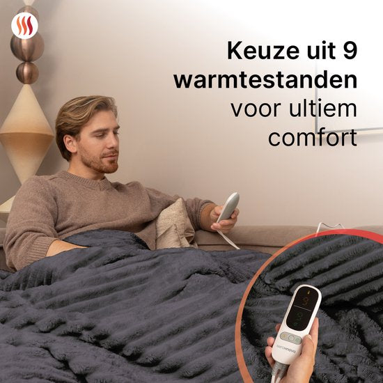 Seranova Heizdecke XXL - Extra Wärmedrähte - Gestreiftes Modell - 180x160 cm - Wärmedecke für 2 Personen - Doppelseitiges Vlies - Grau