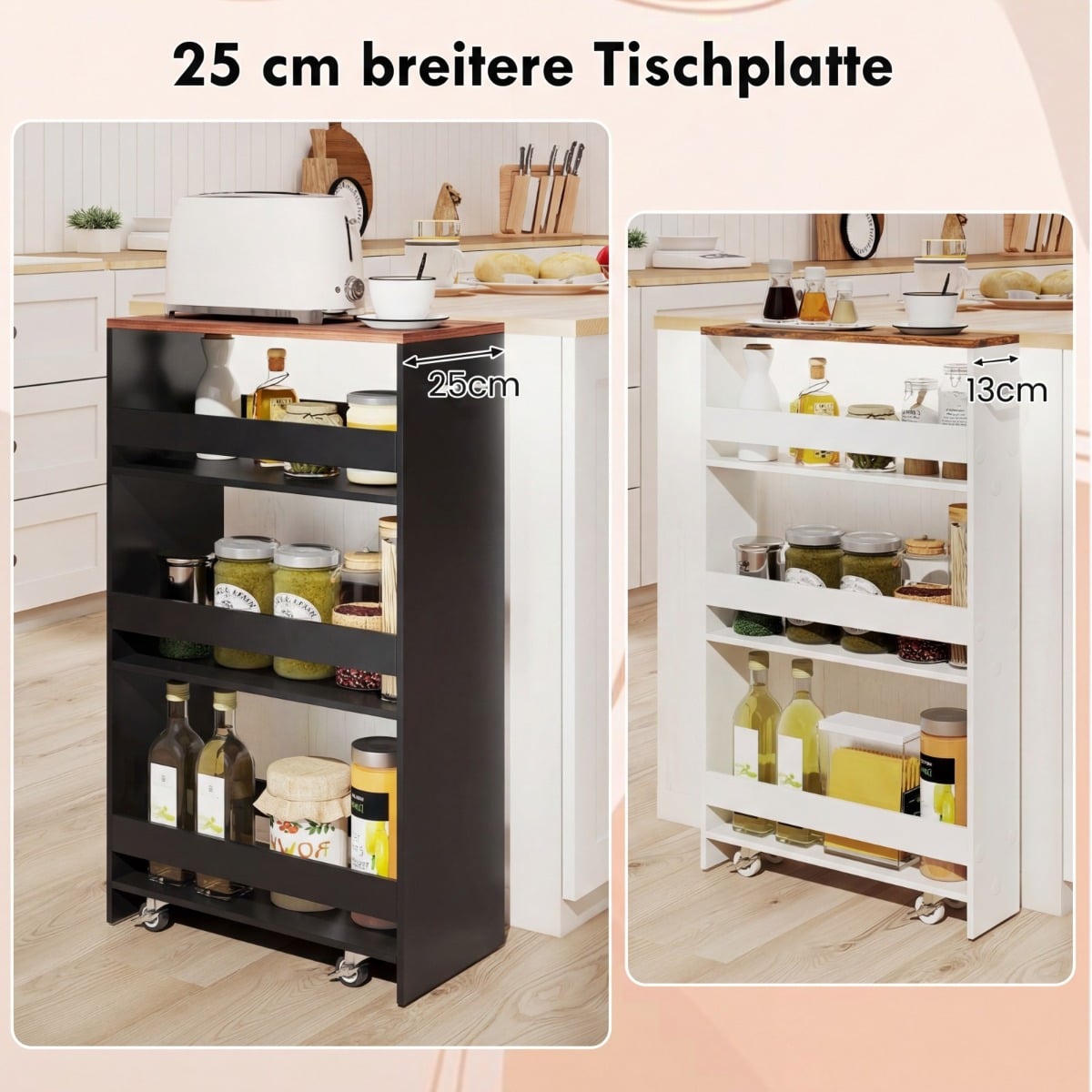Coast schmaler Küchenwagen – 4-stöckiger Aufbewahrungswagen auf Rädern, 47,5 x 25 x 80,5 cm – Schwarz/Braun