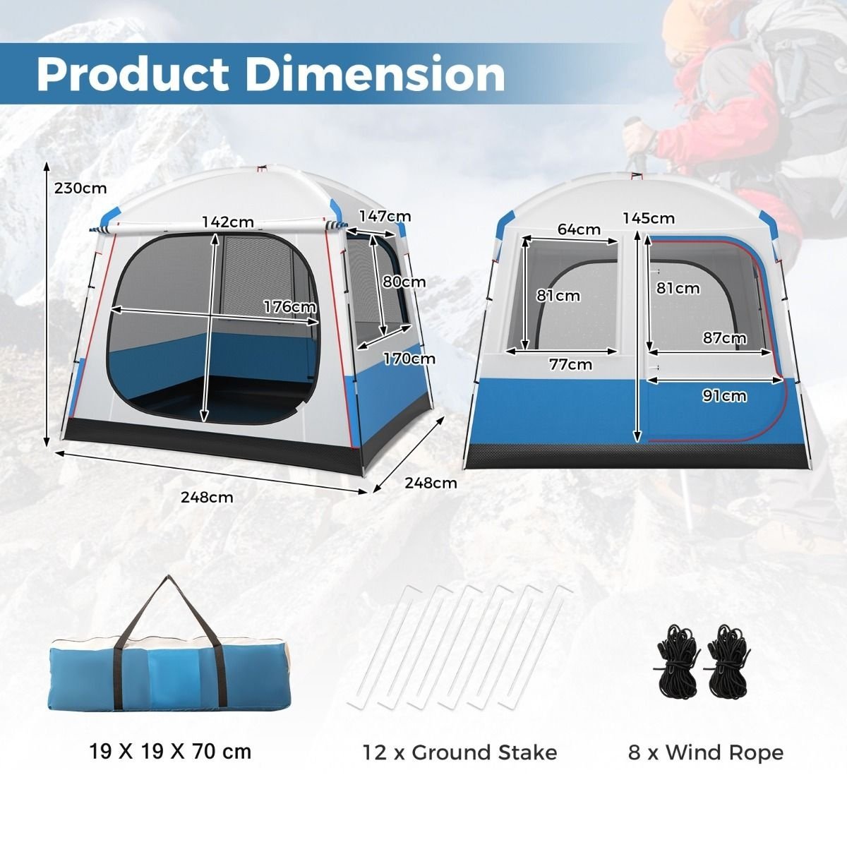 Coast Campingzelt für 5 Personen - Große Netztür und Bodenplane - Wasserdicht - 248 x 248 x 230 cm - Blau/Weiß